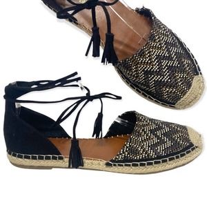 Indigo Rd Irola Ankle Wrap Espadrille Sandals Womens 8.5M Black Tan Flats EUC